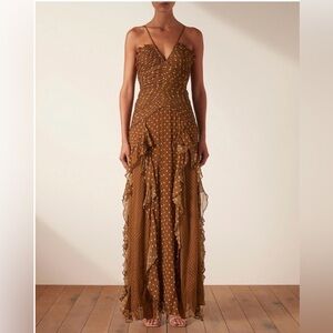 Shona Joy Brown Polka Dot Maxi Dress